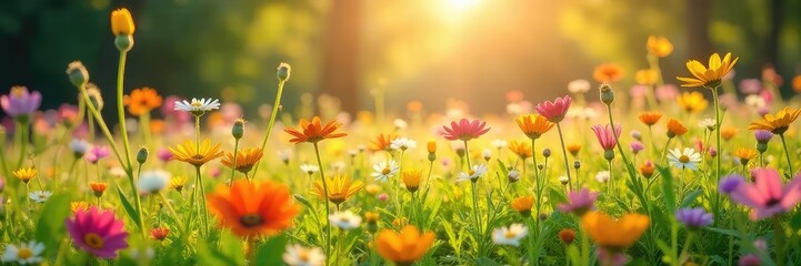 Fototapeta premium Vibrant wildflowers paint a picturesque meadow scene, bathed in the warm glow of sunlight Perfect for nature, spring, summer, and environmental themes , wildlife, wild, grass