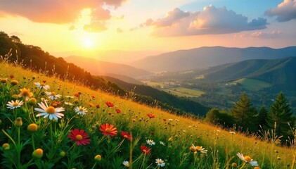 Fototapeta premium Golden hour sunlight bathes a verdant hilltop, wildflowers in bloom, overlooking a tranquil valley Perfect for summer, nature, and travel themes , summer, awesome