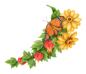 Abuchiron twig with sunflower and Monarch butterfly summer arrangement. Hand drawn watercolor art with leaf. Vacation graphic element. Perfect for summer card template and holiday season design.
