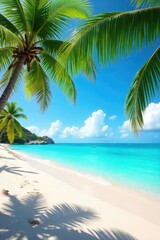 Sun-drenched beach scene with vibrant turquoise water, palm trees swaying gently in the breeze, and soft white sand Perfect for summer vacation themes , palm trees, landscape, bright