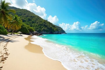 Obraz premium Sun-drenched beach scene, vibrant summer colors, clear blue ocean waves lapping the shore, perfect summer getaway feeling Relaxing, idyllic, tranquil coastal paradise , golden, environment, paradise