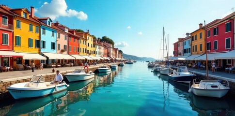 Fototapeta premium Sun-drenched harbor scene with moored boats, vibrant waterfront buildings, and a lively atmosphere Perfect for travel, tourism, and nautical themes , cityscape, waterfront