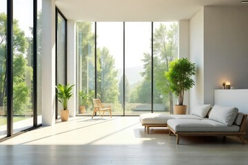 Fototapeta premium Sunlight streams through large, modern windows illuminating a bright, airy interior space Clean lines and minimalist decor create a serene atmosphere perfect for relaxation or work , modern, windows