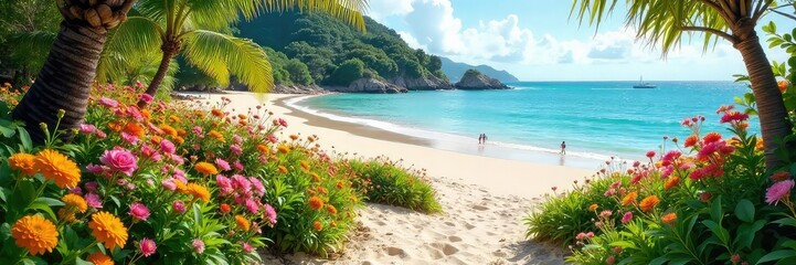 Serene coastal garden overflowing with vibrant blooms, lush greenery, and sandy beach in the background Perfect for relaxation, travel, and nature themes , landscape, travel