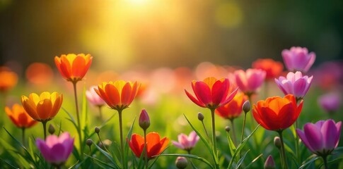 Obraz premium Vibrant wildflowers bathed in the warm glow of sunlight, a stunning display of nature's beauty Perfect for nature, botany, and spring themes , flora, ecology, countryside
