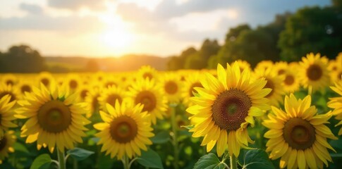 Fototapeta premium Vibrant yellow sunflowers in a field bathed in golden sunlight, creating a stunning natural landscape A perfect image for summer, nature, and happiness themes , field, sky, leaves
