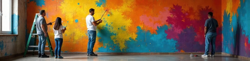 Volunteers painting a vibrant mural on a community center wall, transforming a drab space into a colorful and welcoming hub , outreach, bright, hope