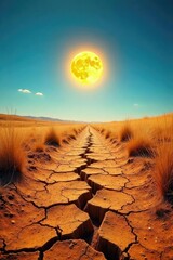 Sun-baked earth cracks under a blazing summer sky Dry grass whispers in the hot wind, revealing a stark, minimalist landscape The intense heat radiates from the parched earth , bare, brown