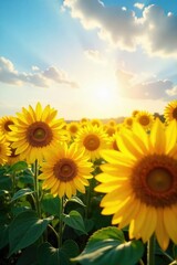 Fototapeta premium A vibrant sun shines on a field of sunflowers, radiating joy and positive energy The bright yellow blooms represent pure, unadulterated happiness and summer bliss , garden, joy