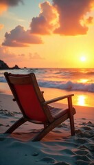 Relaxing leather armchair on a sandy beach at sunset, ocean waves gently lapping Perfect for summer, vacation, and luxury themes , furniture, warm, leather
