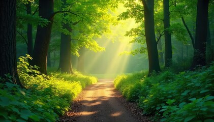Sun-dappled forest path winding through lush greenery, sunlight filtering through leaves, creating a magical atmosphere Perfect for nature, travel, and serenity themes , mystical, light