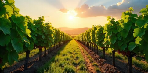 Naklejka premium Sun-drenched rows of grapevines stretching to the horizon, lush green leaves and ripening grapes in a picturesque vineyard A classic image of wine country serenity , green, soil, rural