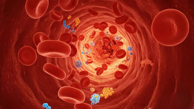 Detailed illustration of blood vessel and red blood cells circulation