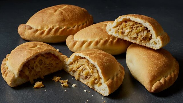 Baked empanadas with filling on dark surface