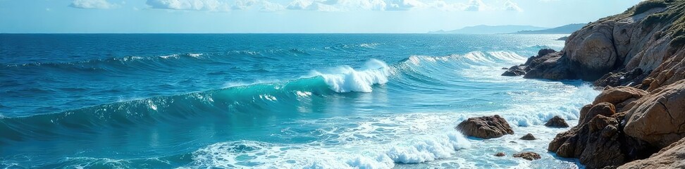 Naklejka premium Vast, deep blue ocean waves crashing against a rocky coastline, creating a dramatic seascape under a bright sky Perfect for travel, nature, and environmental themes , marine, beach, water