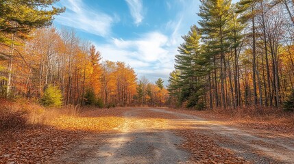 Fototapeta premium Autumnal forest path under a vibrant sky