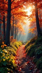 Fototapeta premium Vibrant autumn leaves ablaze on a scenic hiking trail, sunlight dappling through the trees Perfect for travel, nature, and outdoor adventure themes , majestic, picturesque