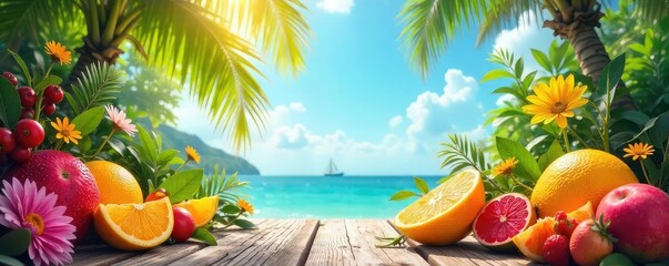Vibrant summer scene with colorful flowers, juicy fruits, and bright sunshine Perfect for summer vibes, vacation, and tropical themes , flowers, summer day, vacation