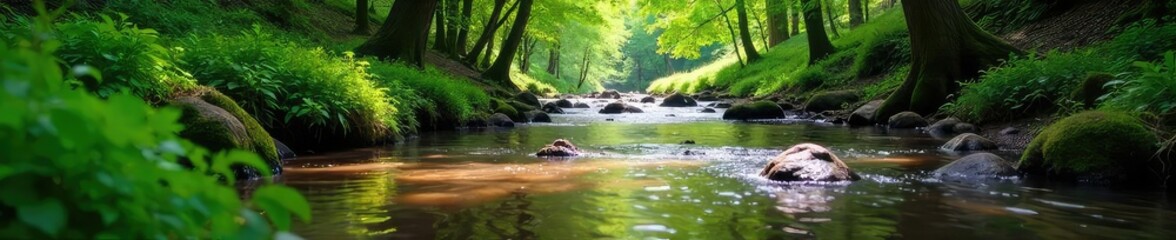 Serene creek stream flowing through lush green forest, sunlight dappling the water's surface Peaceful nature scene, ideal for relaxation or environmental themes , forest, banks