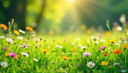 Vibrant, sun-drenched meadow bursting with wildflowers and lush green grass, perfect for a fresh and natural background Ideal for spring, summer, or nature-themed projects , rural, sun, optimistic