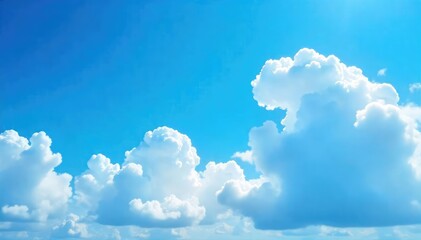 Naklejka premium Vast expanse of a brilliant blue sky, dotted with fluffy white clouds, creating a serene and peaceful atmosphere Perfect for travel, nature, and weather related projects , nimbus, clouds