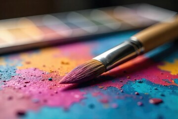 Fototapeta premium Close-up of a paintbrush resting on a vibrant, colorful artist's palette, ready for the next stroke of creative genius The scene is bathed in soft, natural light , still life, creative, colorful