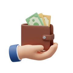 3d hand icon holding a wallet with money isolated on white background