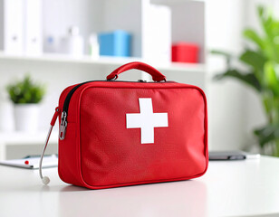 Functional Medical Readiness, Photorealistic Still Life of a First Aid Kit on a Clean School Nurse's Desk