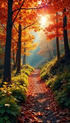 Fototapeta premium Vibrant autumn leaves ablaze on a scenic hiking trail, sunlight dappling through the trees Perfect for travel, nature, and outdoor adventure themes , path, ramble
