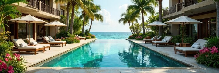 Fototapeta premium Luxurious resort swimming pool seamlessly integrated into a lush tropical landscape Palm trees, vibrant flowers, and elegant stonework create a tranquil oasis , tropical, stone