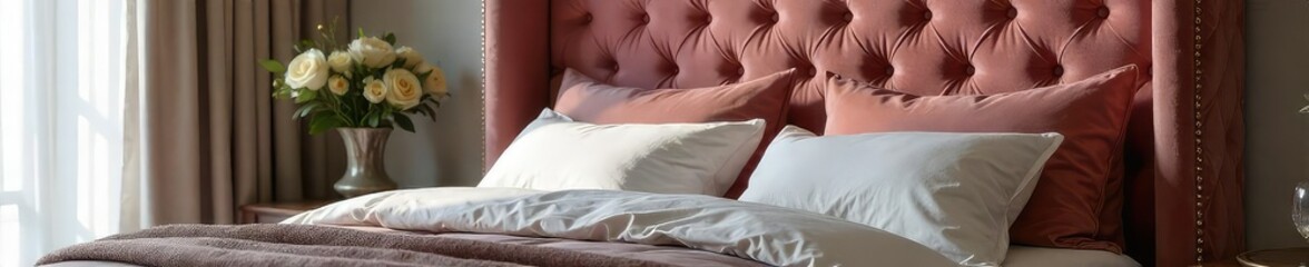 Luxurious upholstered headboard in a modern bedroom, featuring plush velvet and subtle tufting, adding a touch of elegance and comfort to the space , headboard design, tufting, design