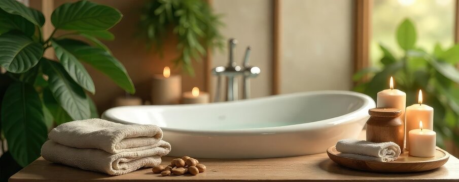 Relaxing bath scene with natural elements like wood, plants, and candles A calming and serene atmosphere perfect for spa or wellness imagery Focus on textures and natural light , healthy, nature