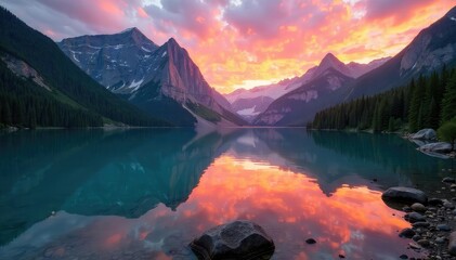 Serene mountain lake reflecting a vibrant sunset, surrounded by lush green forests and majestic peaks A breathtaking display of untouched nature , water, mountains