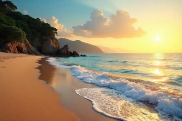 Serene oceanfront scene at sunrise Golden light bathes the tranquil beach, waves gently lapping the shore Perfect for travel, vacation, or coastal themes , rocks, sky