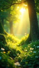 Serene nature scene evoking feminine divine energy; sun rays illuminate lush foliage, creating an ethereal atmosphere of peace and spiritual connection , ethereal, forest, goddess