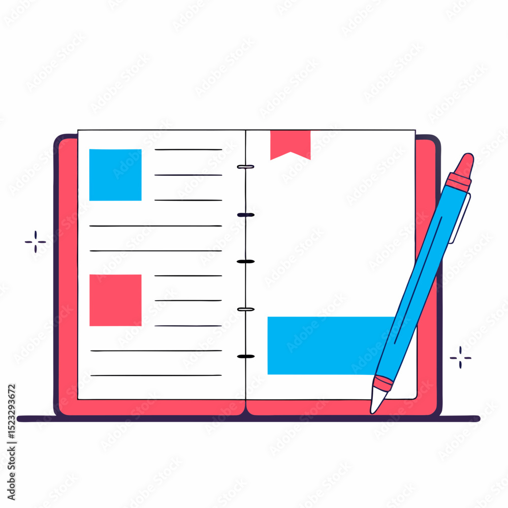 Poster a red notebook with a blue pen on top of it. the notebook is open to a blank page, ready for writing