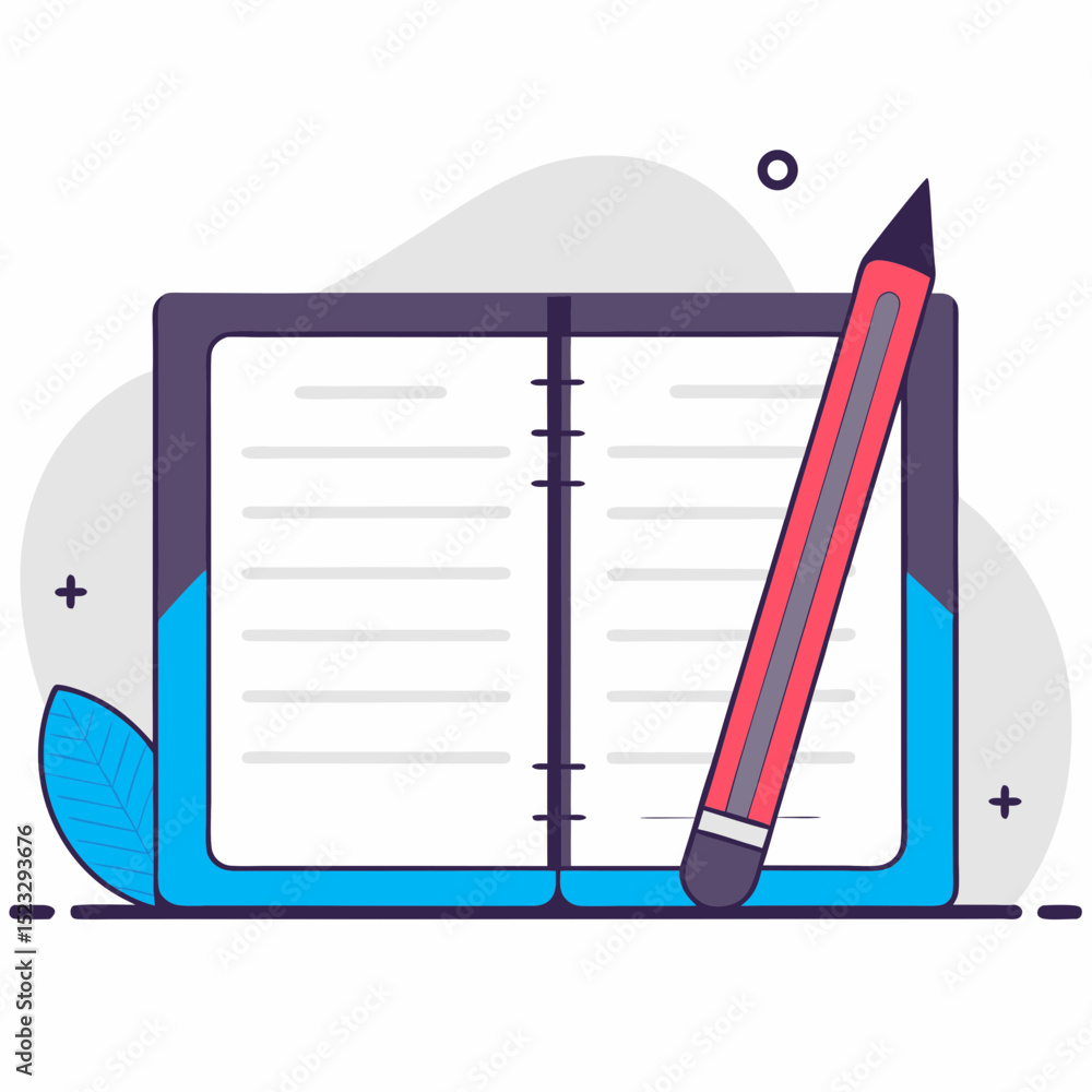 Poster a pencil sits on top of a notebook with a leaf on the left side. the pencil is red and the notebook 