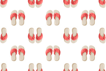Seamless summer pattern with beige flip-flops and pink straps. Cartoon vector repeating illustration on white background