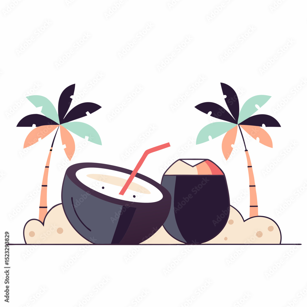 Poster a cartoon of a coconut with a straw in it and a palm tree in the background. the coconut is half eat