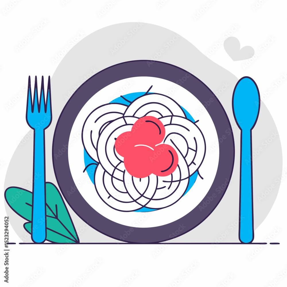 Poster a plate of spaghetti with a heart shaped tomato on top. the plate is set on a table with a fork and 