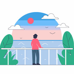 A man is standing on a balcony overlooking the ocean. The sky is blue and the sun is setting, creating a peaceful and serene atmosphere. The man is lost in thought