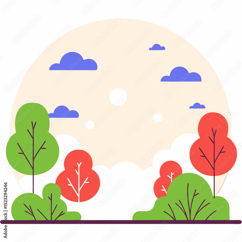 Poster a beautiful forest scene with trees and clouds in the sky. the trees are green and brown, and they a