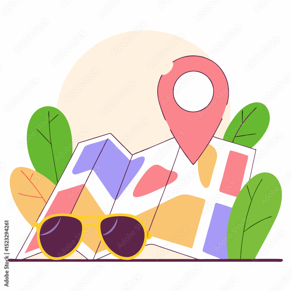 Poster a map with a red pin on it and sunglasses on the left side. the map is colorful and has a fun, playf