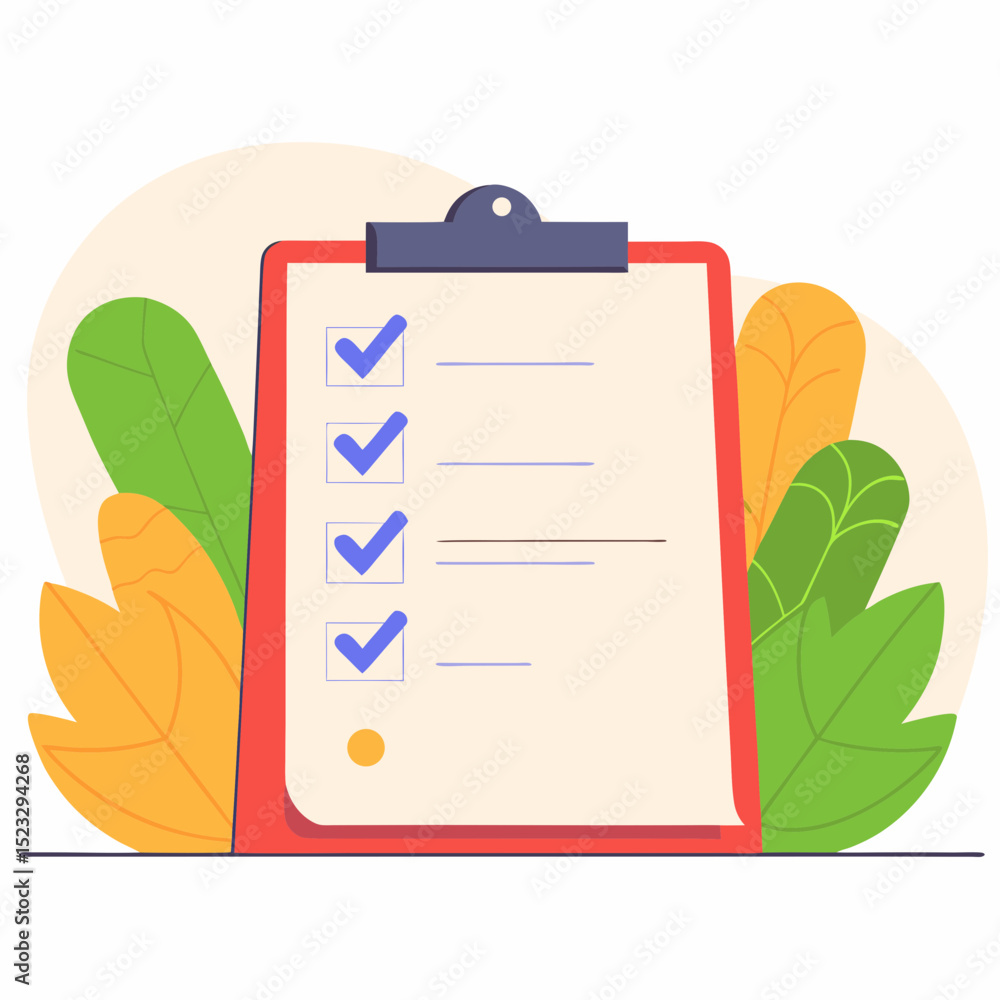Poster a red clipboard with a green leaf on it. the clipboard has a check mark on it and a check box
