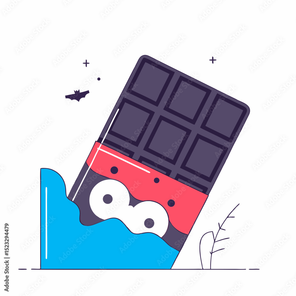 Poster a cartoonish chocolate bar is falling into a pool of water. the chocolate bar is wearing a pair of e