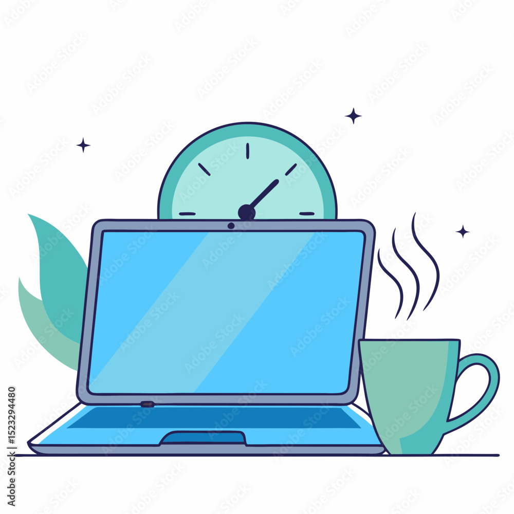 Poster a laptop with a clock on it and a cup of coffee next to it. concept of productivity and focus, as th