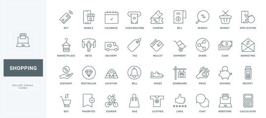 One click purchase in website shop, coupon and discount on store sale, delivery of orders with courier thin black and red outline symbols, payment vector illustration. Online shopping line icons set