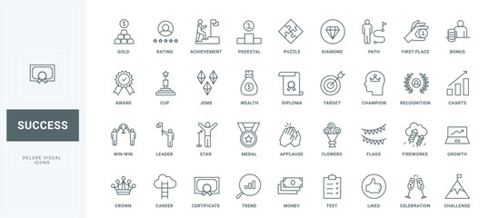 Ambition arrows grow, medal and puzzle thin black outline symbols vector illustration. Business success awards, target prize for path, mission and challenge of leadership line icons set.