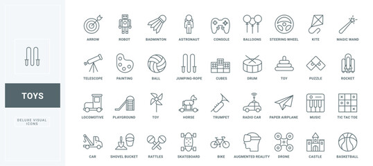 Toy car and sandbox equipment, locomotive and horse for baby boys, drum and kite thin black outline symbols vector illustration. Toys for kids games at home and on playground line icons set.
