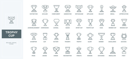 Winners award, goblet prize for victory in championship or contest, sport tournament or competition, champion reward thin black outline symbols vector illustration. Trophy cup line icons set.